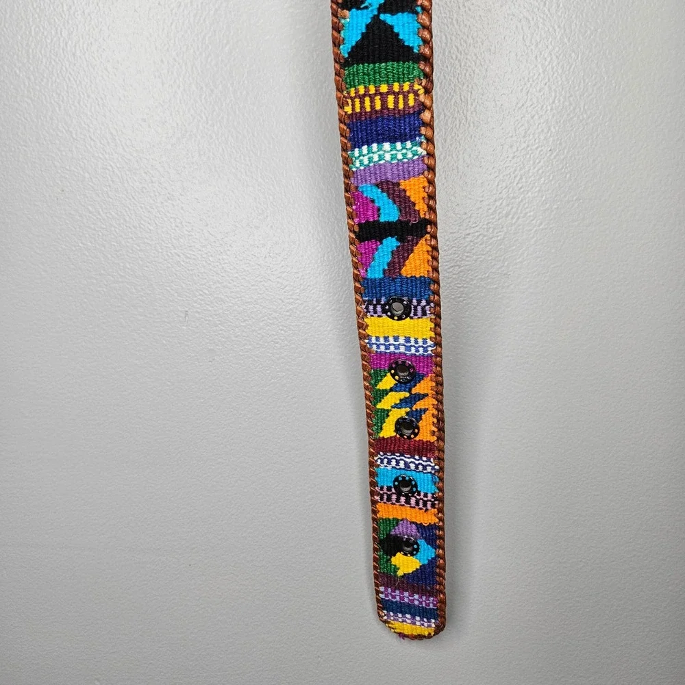 Handwoven Geometric Tribal Belt Multicolor Leather Whipstitch Boho Size 38 Vtg‎